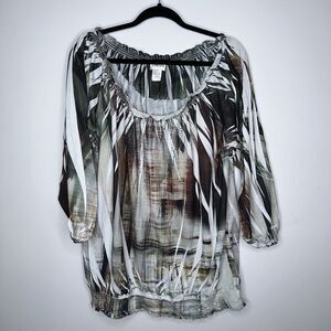 Chico’s Women’s Smocked Neck Abstract Flowy Blouse Rhinestone detail Size 3